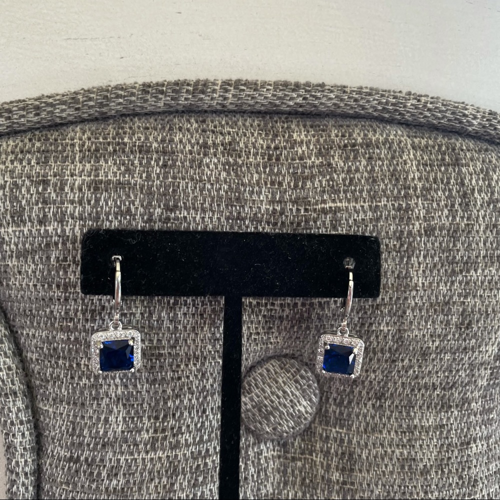 18k GP stamped lab made sapphire earrings - Picture 10 of 11